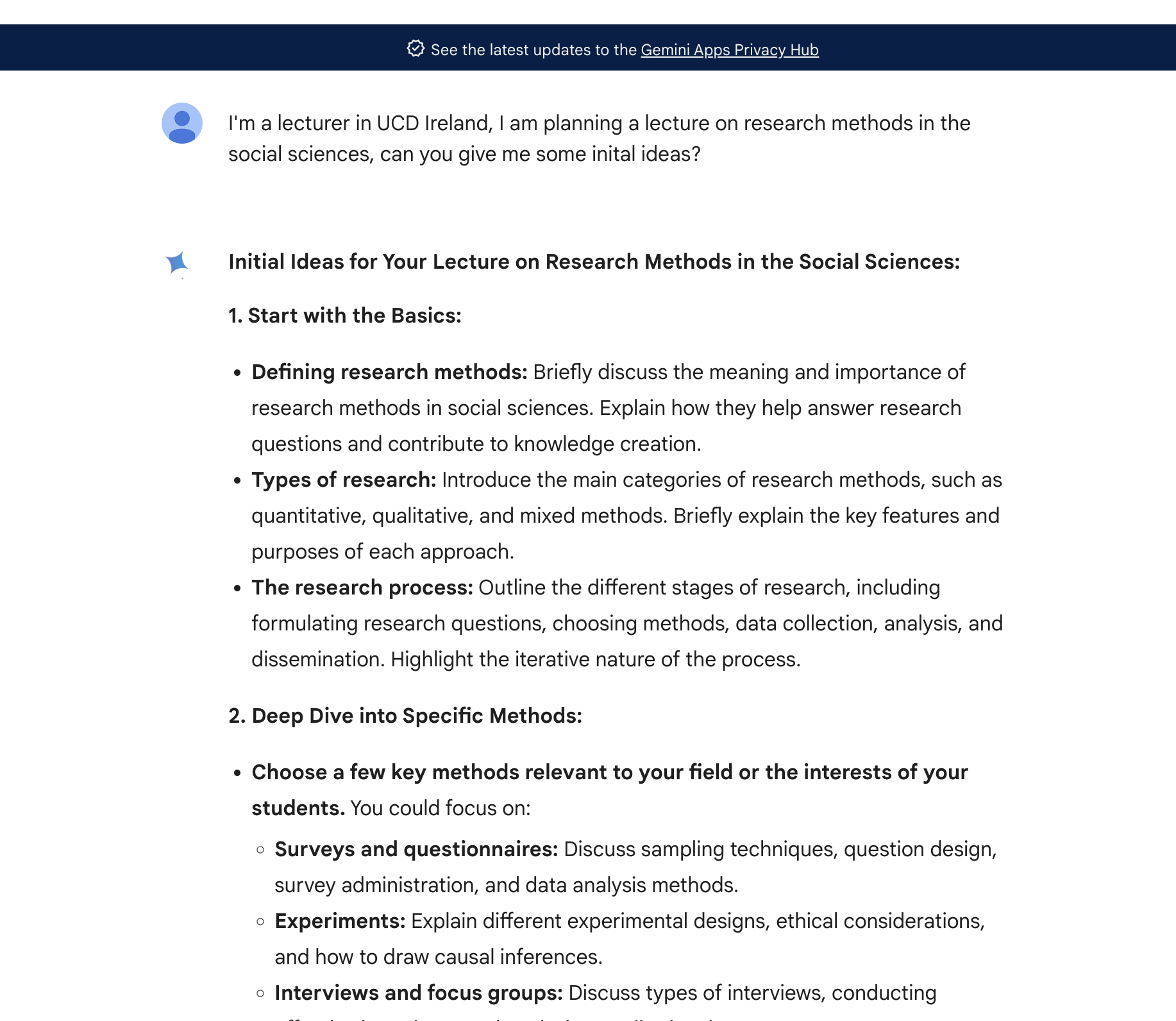 This image provides an example of an input and output from Google Gemini. The input asks for ideas planning a lecture on research methods in the social sciences.